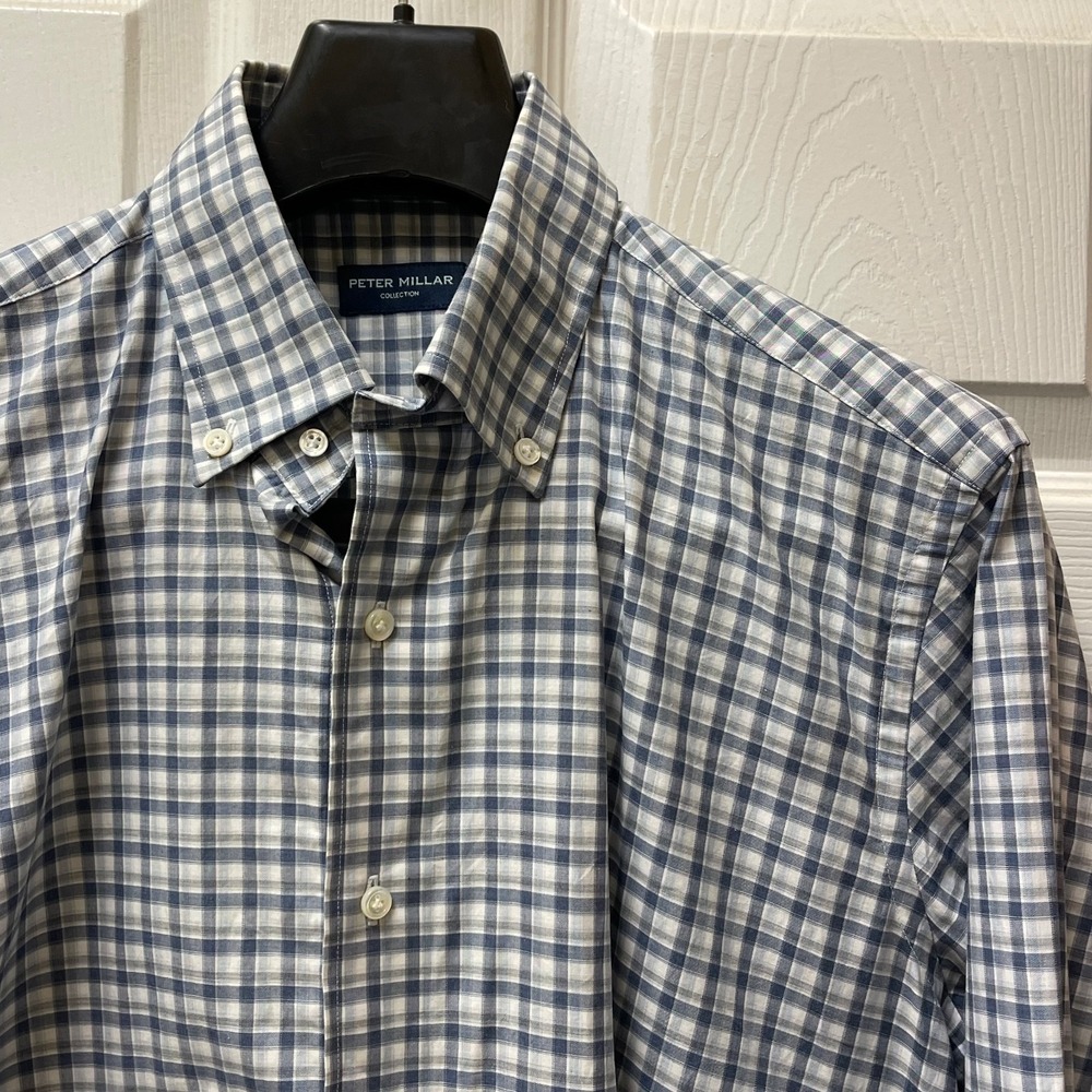 Peter Millar Men's Sz Medium Blue, Gray & White Plaid Button Up 100% Cotton